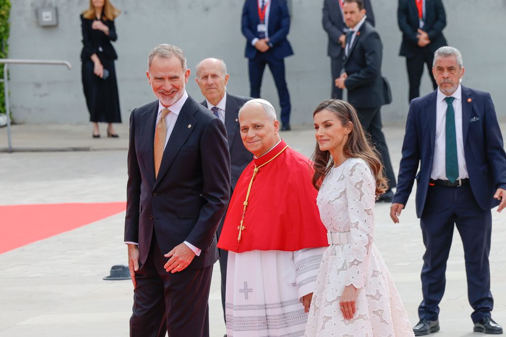 Spanish King Felipe VI and Letizia with Pope Leon XIV attending of welcome ceremony to Pope at the airport in Madrid on Saturday, 06 June 2026.
