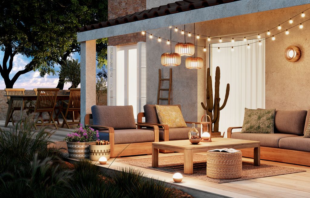 Salón de verano con lámparas, aplique y guirnalda