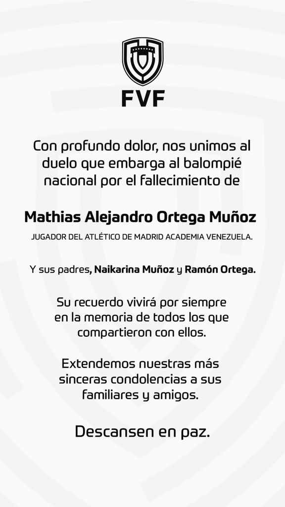 El mensaje compartido por la Federación Venezolana de Fútbol por el fallecimiento de Mathias Alejandro Ortega Muñoz