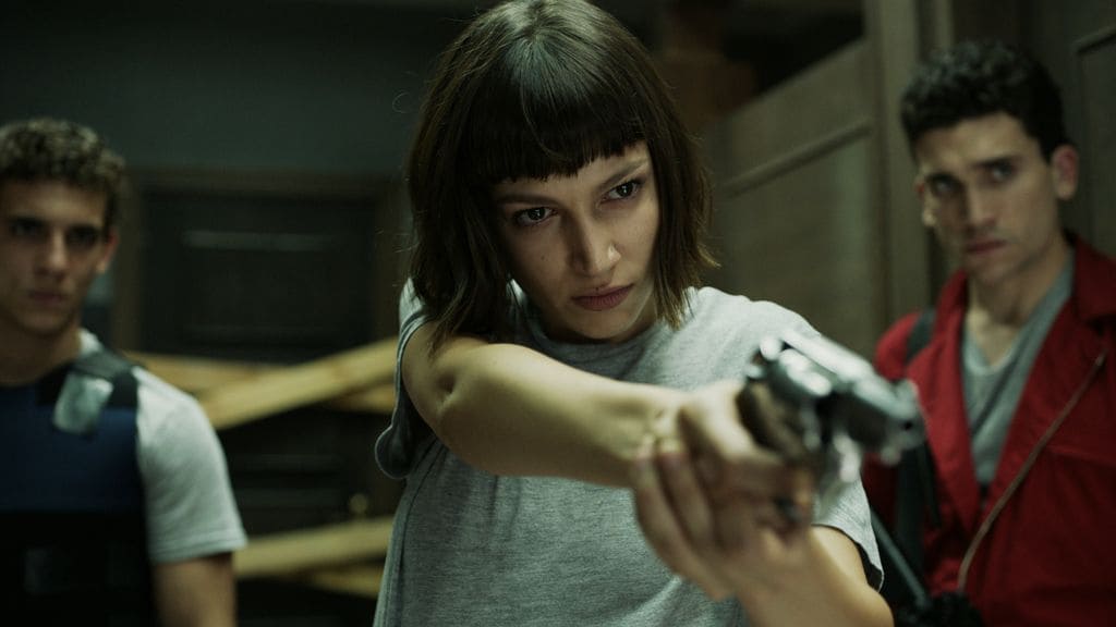 Miguel Herrán, Úrsula Corberó, Jaime Lorente, en la primera temporada de La Casa de Papel