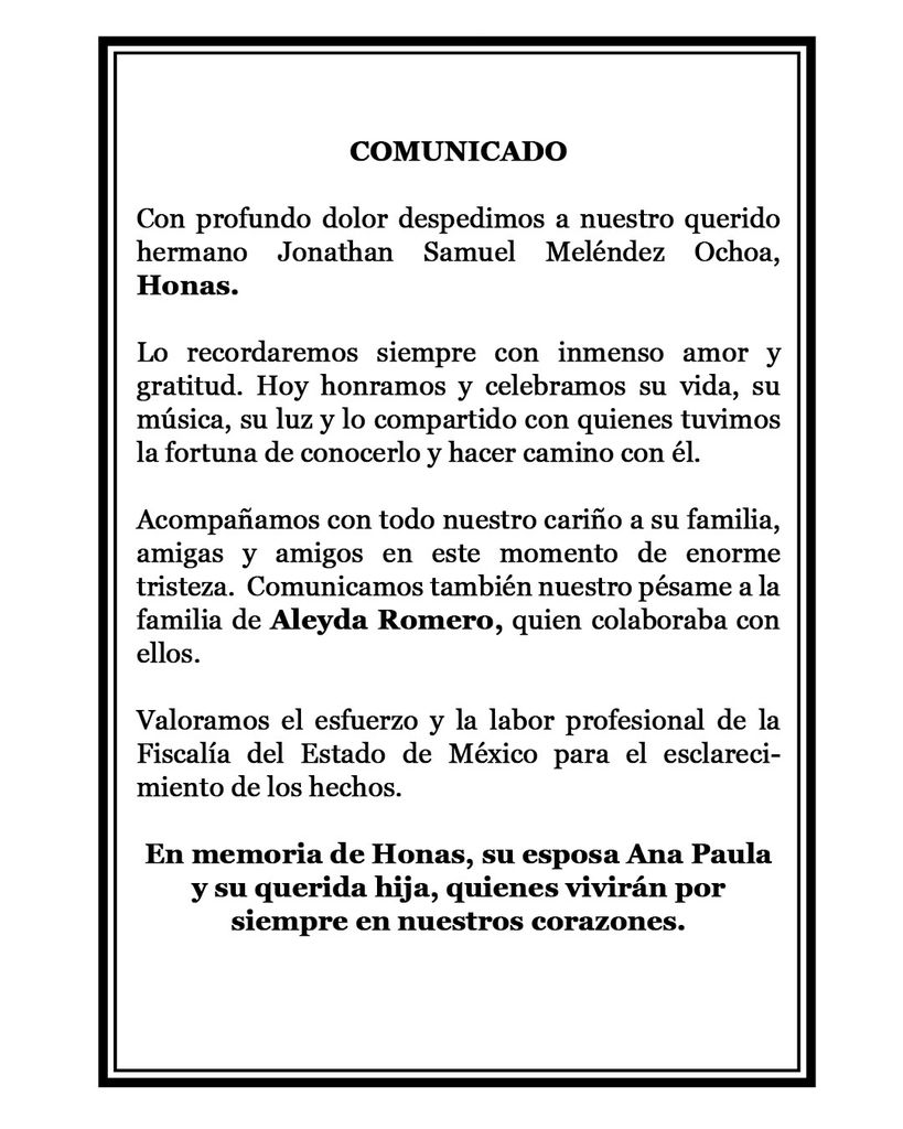 Comunicado del grupo para lamentar el asesinato de Jonathan Samuel Meléndez Ochoa y su familia