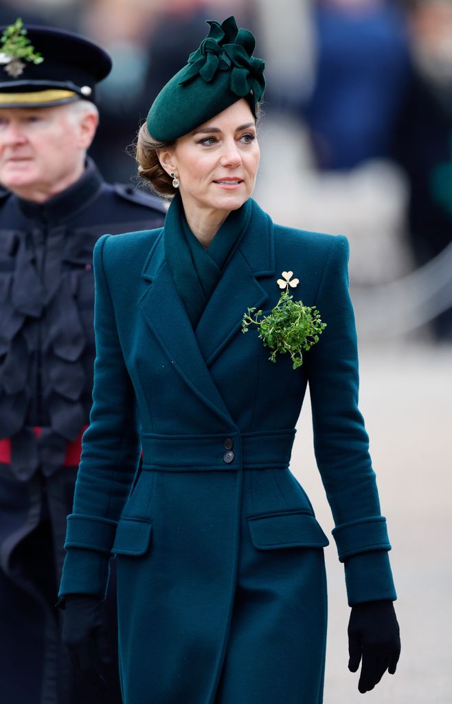 LONDON, UNITED KINGDOM - MARCH 17: (EMBARGOED FOR PUBLICATION IN UK NEWSPAPERS UNTIL 24 HOURS AFTER CREATE DATE AND TIME) Catherine, Princess of Wales (in her role as Colonel of the Irish Guards) attends the 2025 St. Patrick's Day Parade at Wellington Barracks on March 17, 2025 in London, England. (Photo by Max Mumby/Indigo/Getty Images)