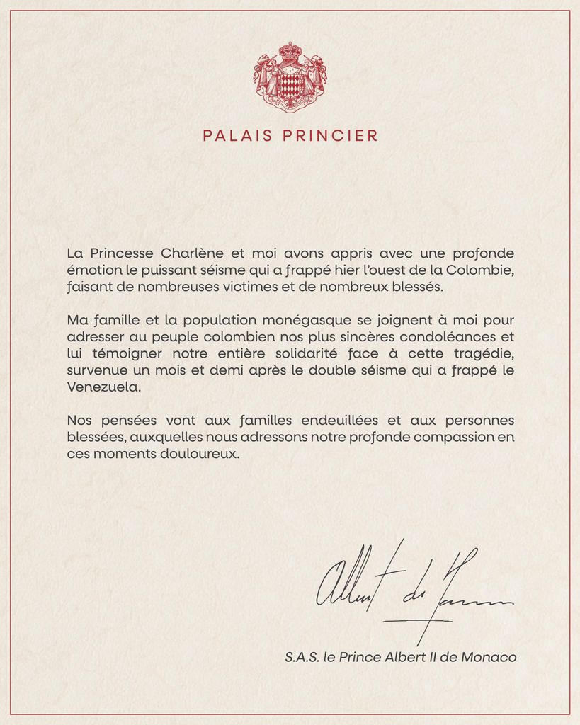 El príncipe Alberto expresó la "total solidaridad" de Mónaco con el pueblo colombiano