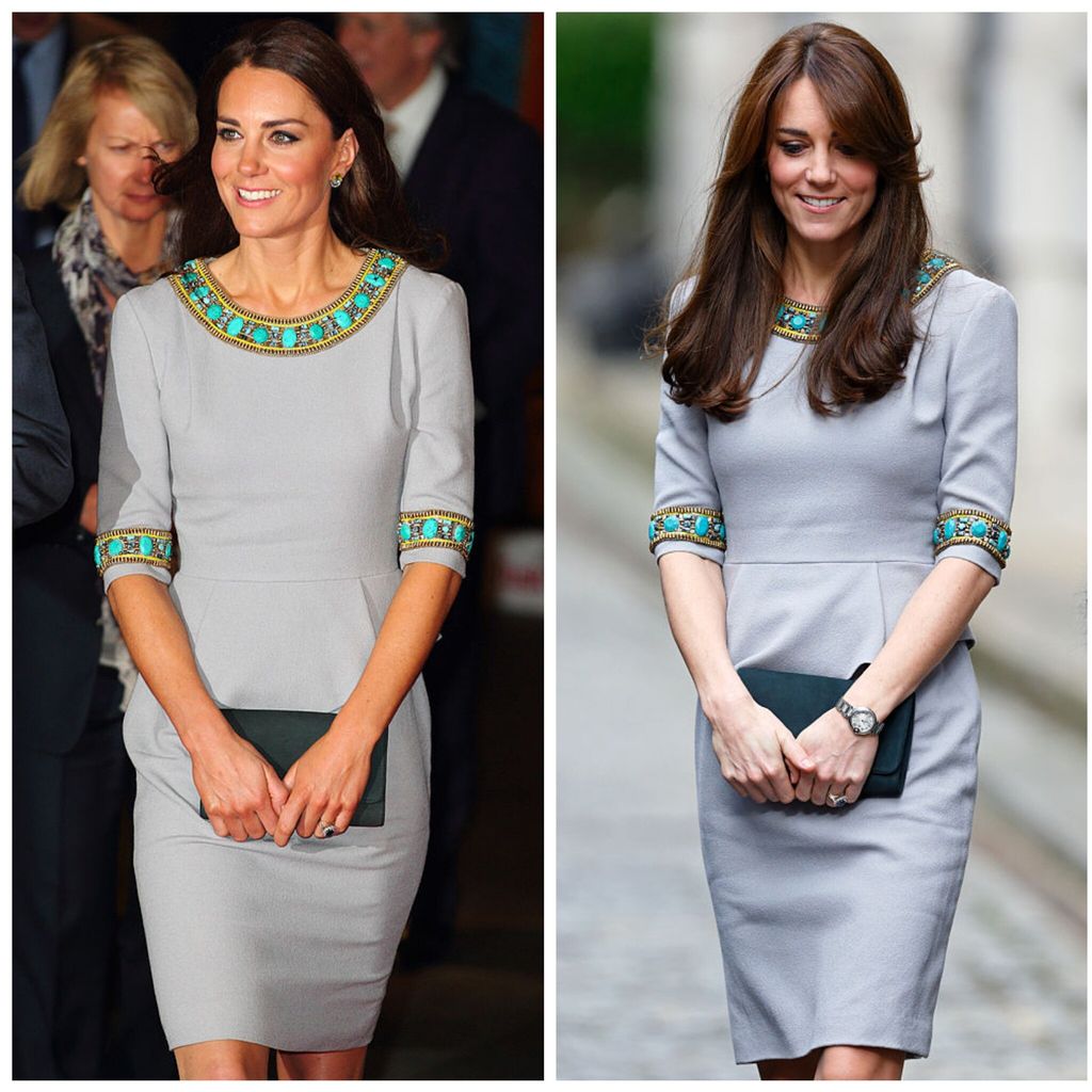 Kate Middleton con vestido gris con cuello adornado con cuentas de Mathew Williamson en 2012 y 2015