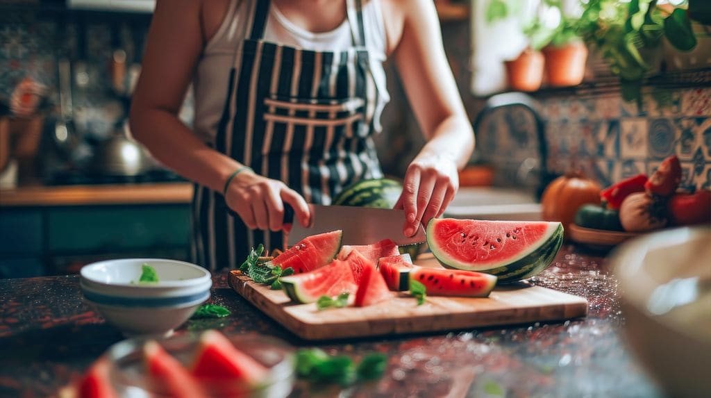 Mujer cortando una sandía para preparar diferentes recetas.