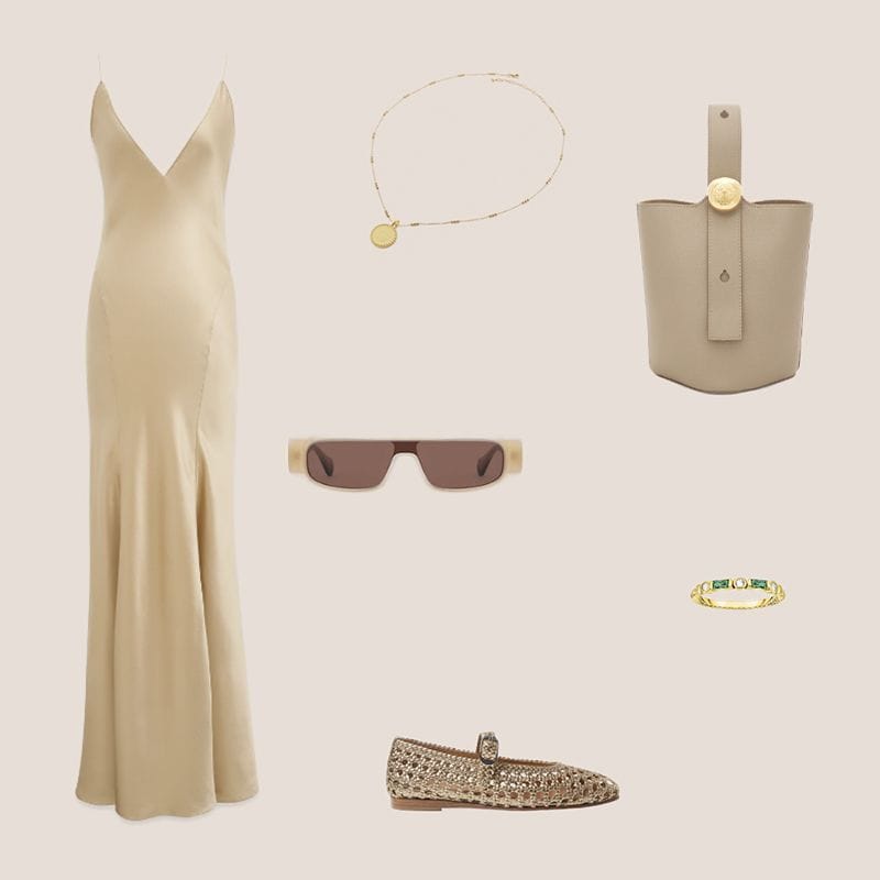look con vestido beige y bailarinas
