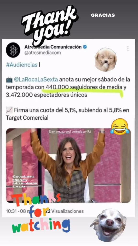 Nuria Roca presume de los datos de audiencia