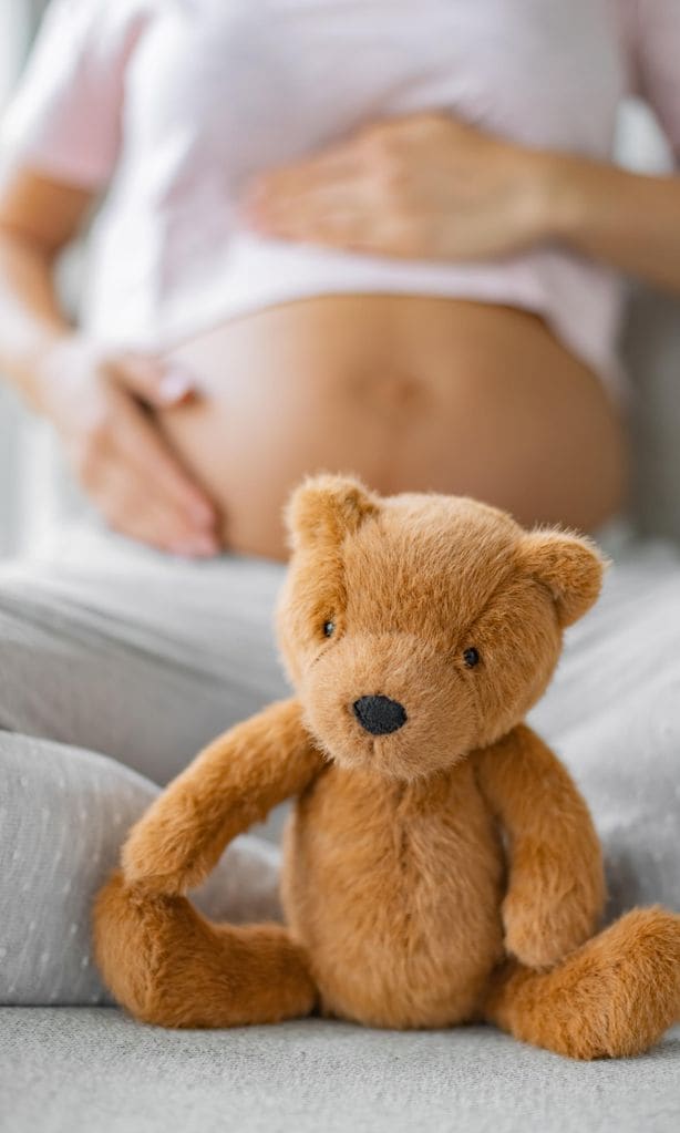 Embarazada con osito de peluche