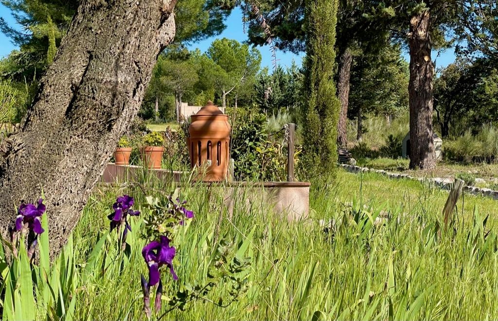 Jardín muy verde con presencia de alguna flor