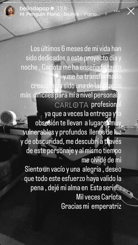 El mensaje de Belinda con el que se despide de su personaje como 'Carlota'.