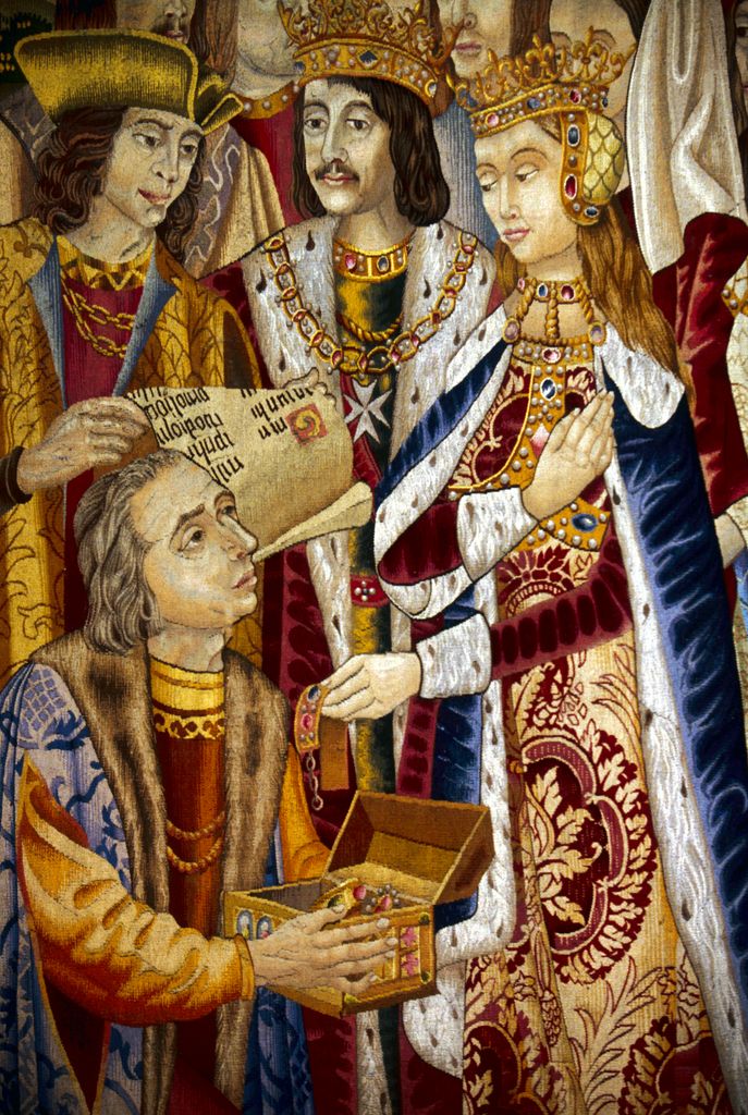 Detalle de un tapiz en los Reales Alcázares que representa a Isabel la Católica financiando el viaje de Cristóbal Colón, una escena clave en el rumbo de la historia