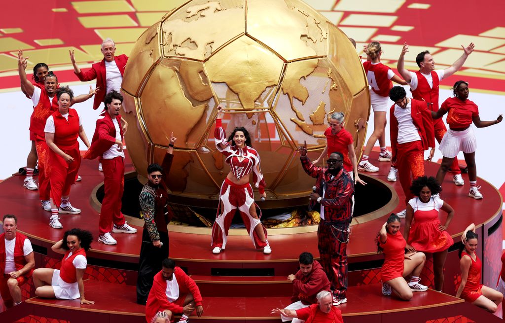 TORONTO, ONTARIO - JUNE 12: Nora Fatehi performs during the Opening Ceremony before the FIFA World Cup 2026 Group B match between Canada and Bosnia and Herzegovina at Toronto Stadium on June 12, 2026 in Toronto, Ontario. (Photo by Ezra Shaw - FIFA/FIFA via Getty Images)