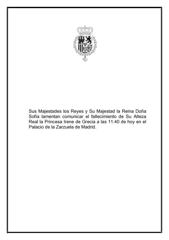 Comunicado de la Casa Real anunciando la muerte de Irene de Grecia
