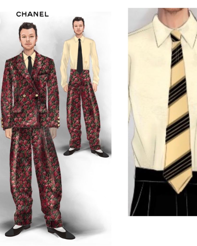 Su estilista, Harry Lambert, compartió en sus redes los bocetos del traje hecho a medida para Harry Styles.
