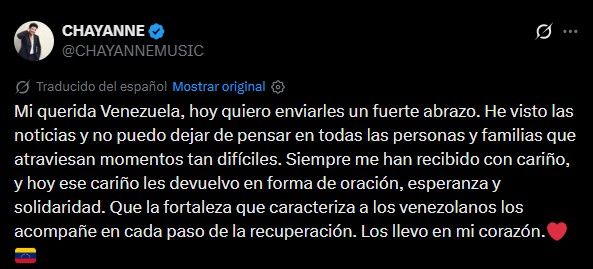 Chayanne envió un emotivo mensaje de apoyo al pueblo venezolano y destacó la fortaleza de sus ciudadanos ante la tragedia