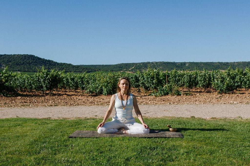Entre las muchas experiencias que ofrece Abadía Retuerta se encuentra la de meditar y hacer yoga entre sus viñedos.
