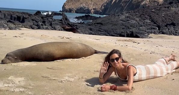Sara Carbonero, con un león marino de las Galápagos