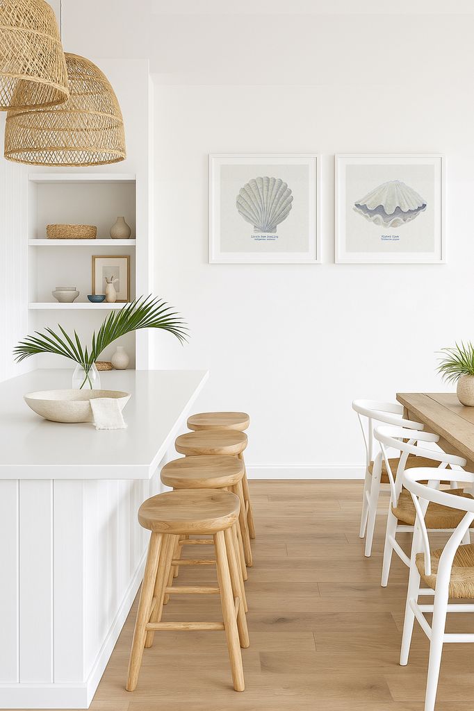 Cocina blanca con taburetes de madera