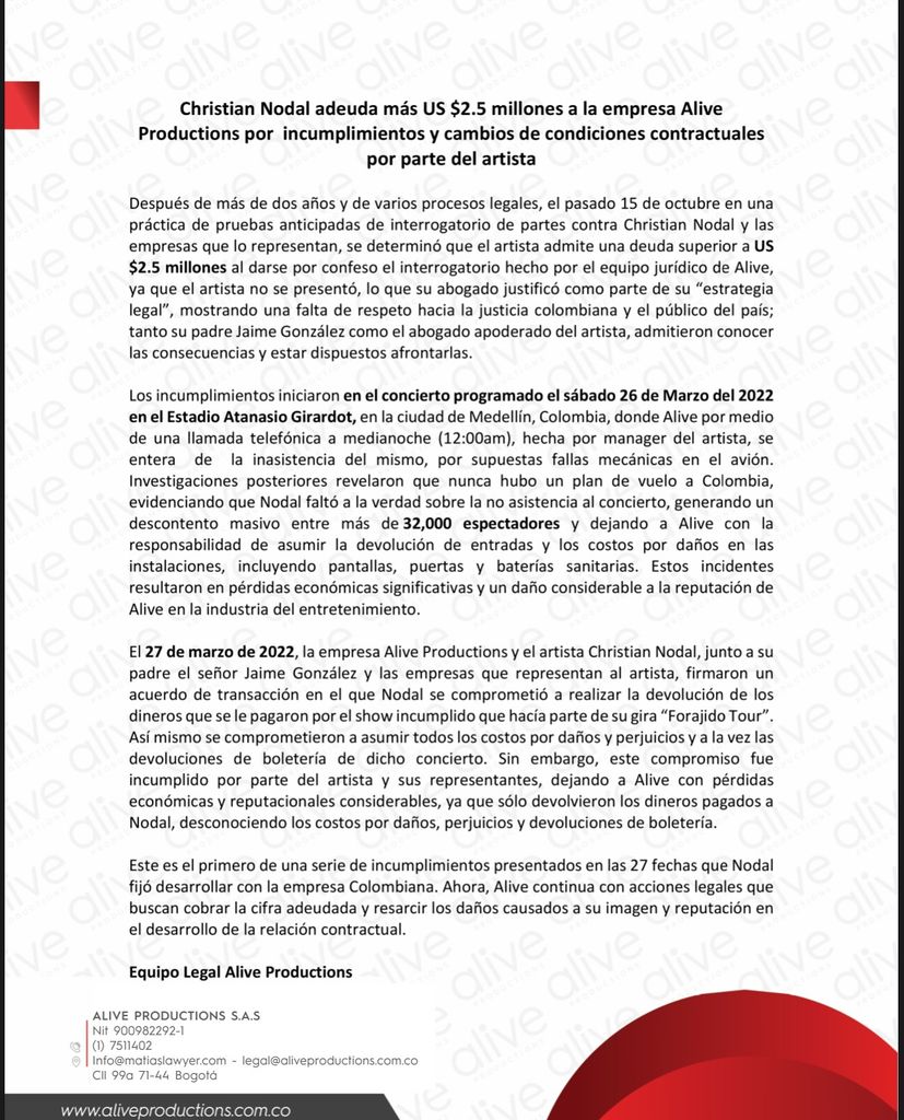 La empresa Alive Productions tomó medidas legales contra Christian Nodal.