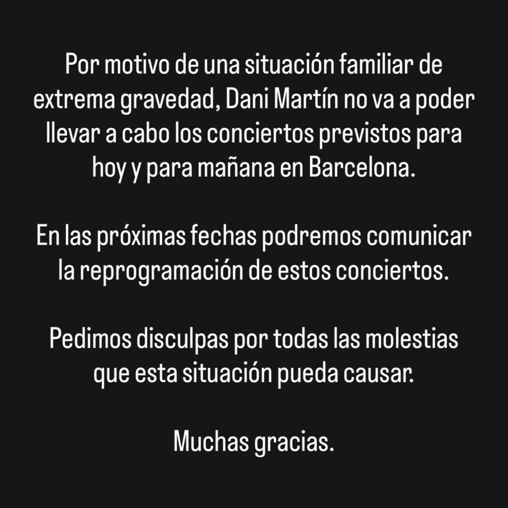 Comunicado en el que se informa de la suspensión de los dos conciertos de Dani Martín