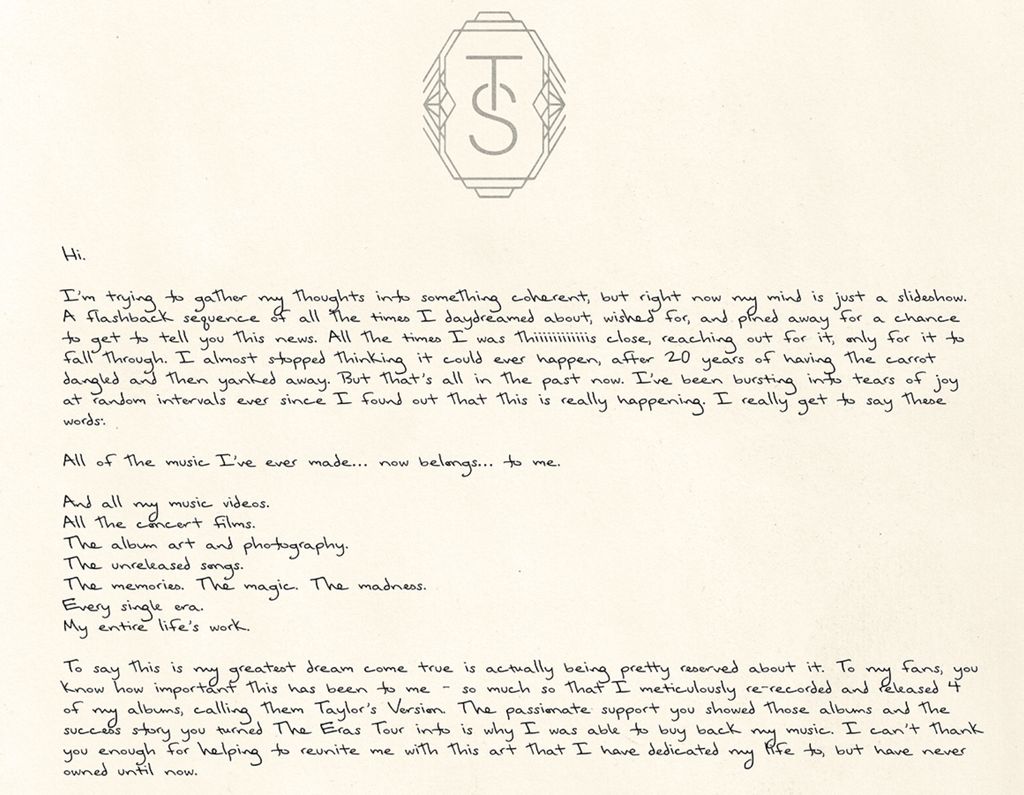 Con una carta a sus fans, Taylor confirmó la noticia