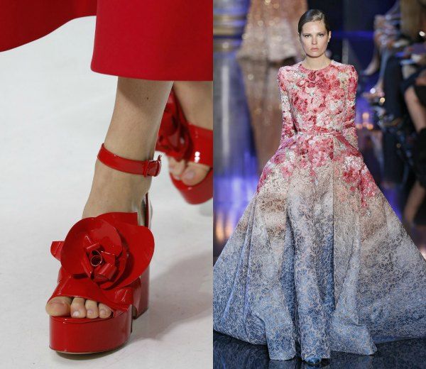 Vestido couture con flores en degradé, en coral y azul cielo, de Elie Saab. 