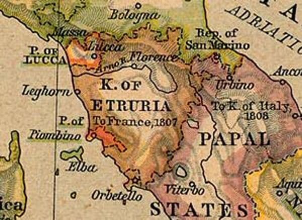 Mapa en el que se situa Etruria, reino del que fueron nombrados soberanos don Luis y doña María Luisa
