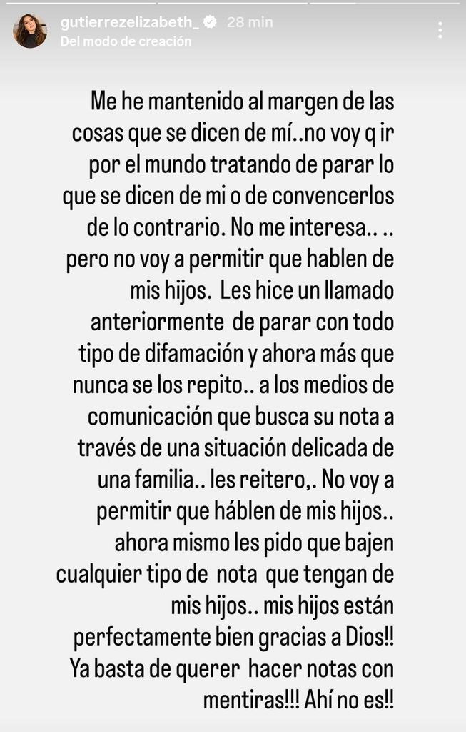 Elizabeth Gutiérrez compartió este enérgico mensaje ensus redes sociales. 