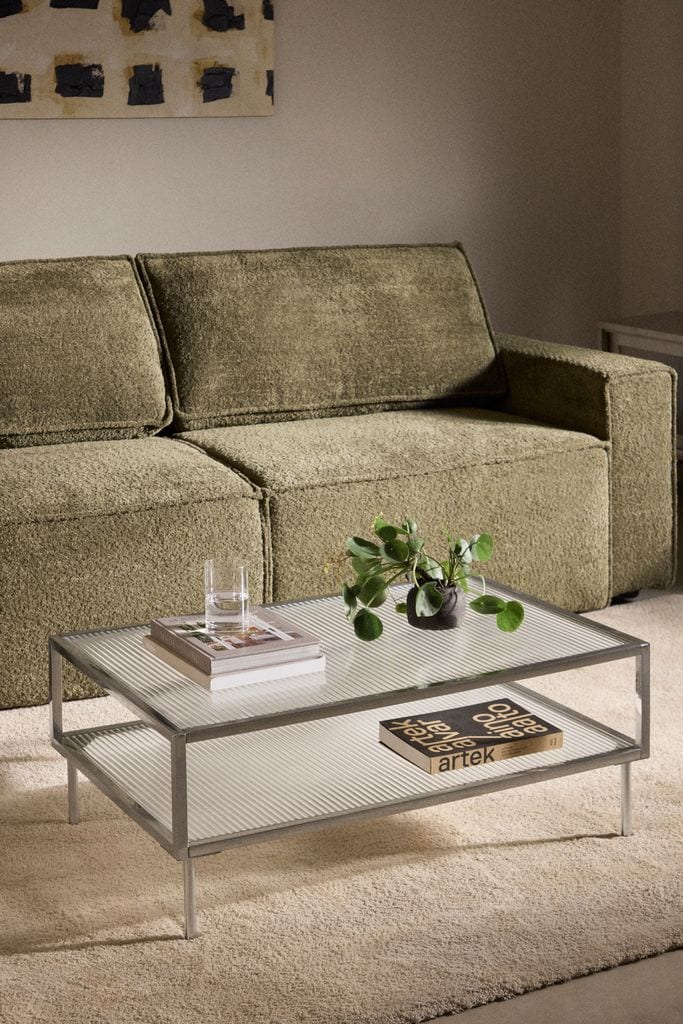 Mesa de centro rectangular en acero y cristal