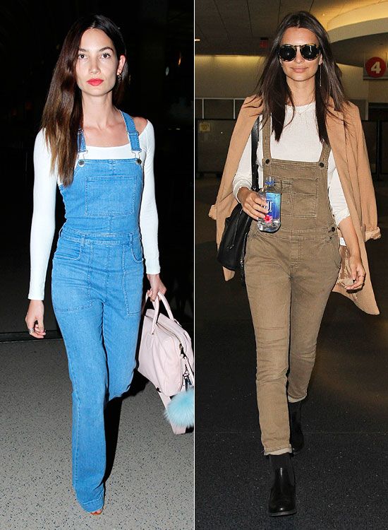 Lily Aldridge, con un peto vaquero en azul claro y camiseta blanca ajustada y con cuello de barca. 
