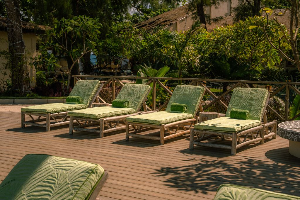 Cuatro tumbonas verdes en una terraza al aire libre con vegetación tropical.