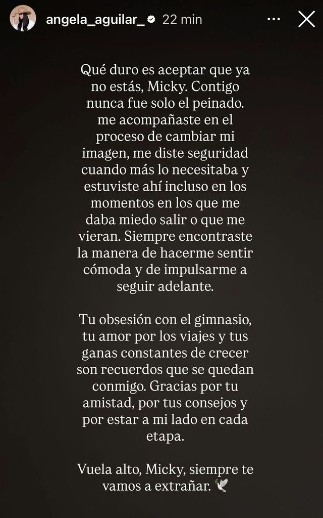 Ángela Aguilar y su sentido mensaje de despedida para 'Micky', quien murió a consecuencia de las heridas de un ataque directo, en la Ciudad de México. 