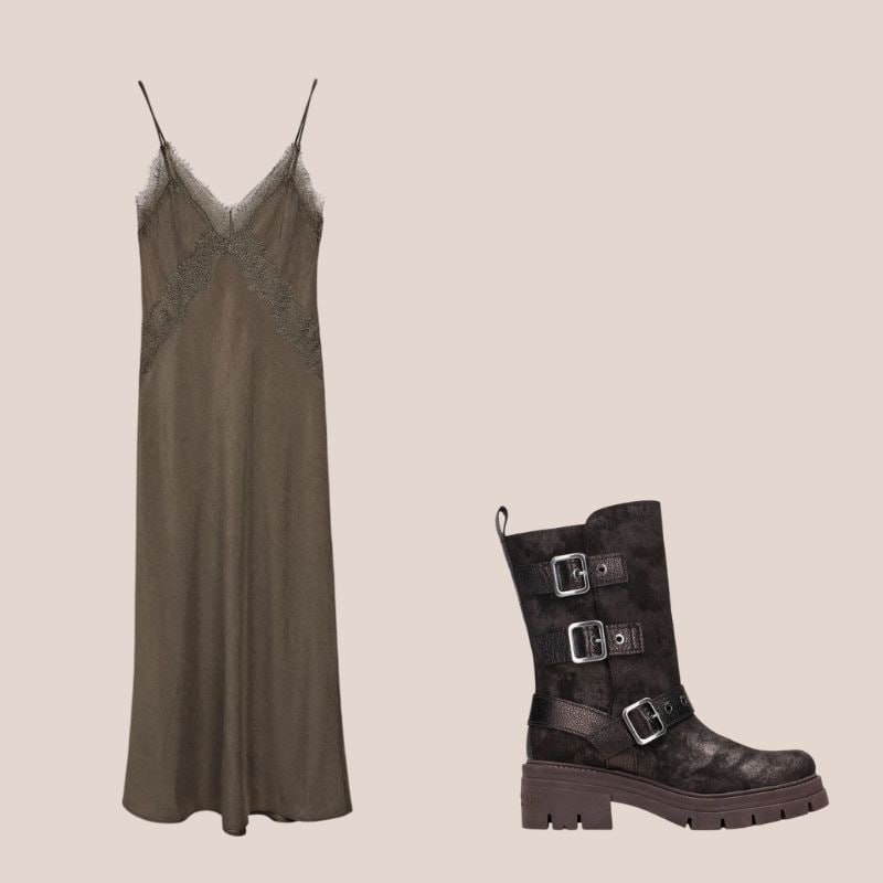 vestido lencero y botas chunky