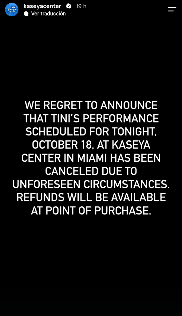 El Kaseya Center anunció la cancelación del show de Tini la noche del 18 de octubre.
