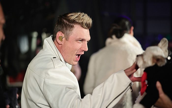 Nick Carter saludando a un perro 