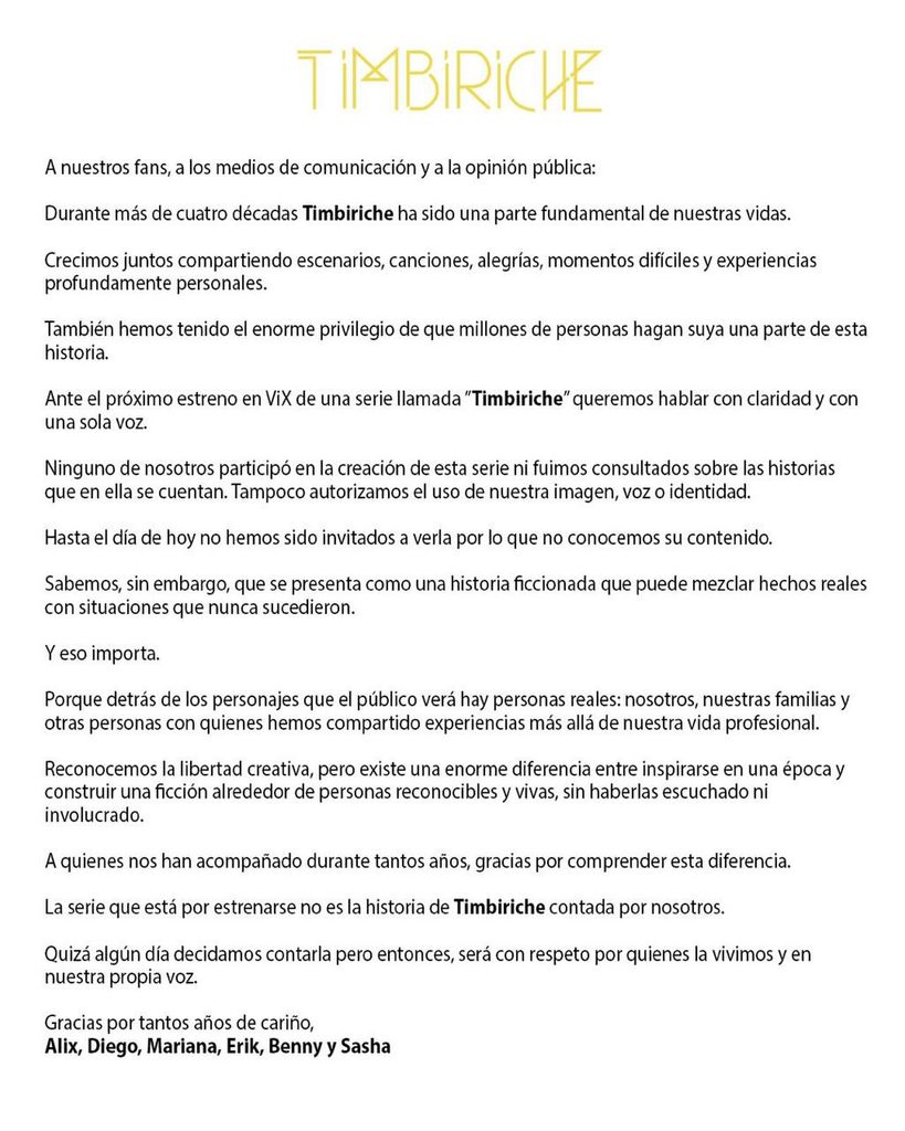 El comunicado de los integrantes de la banda Timbiriche.