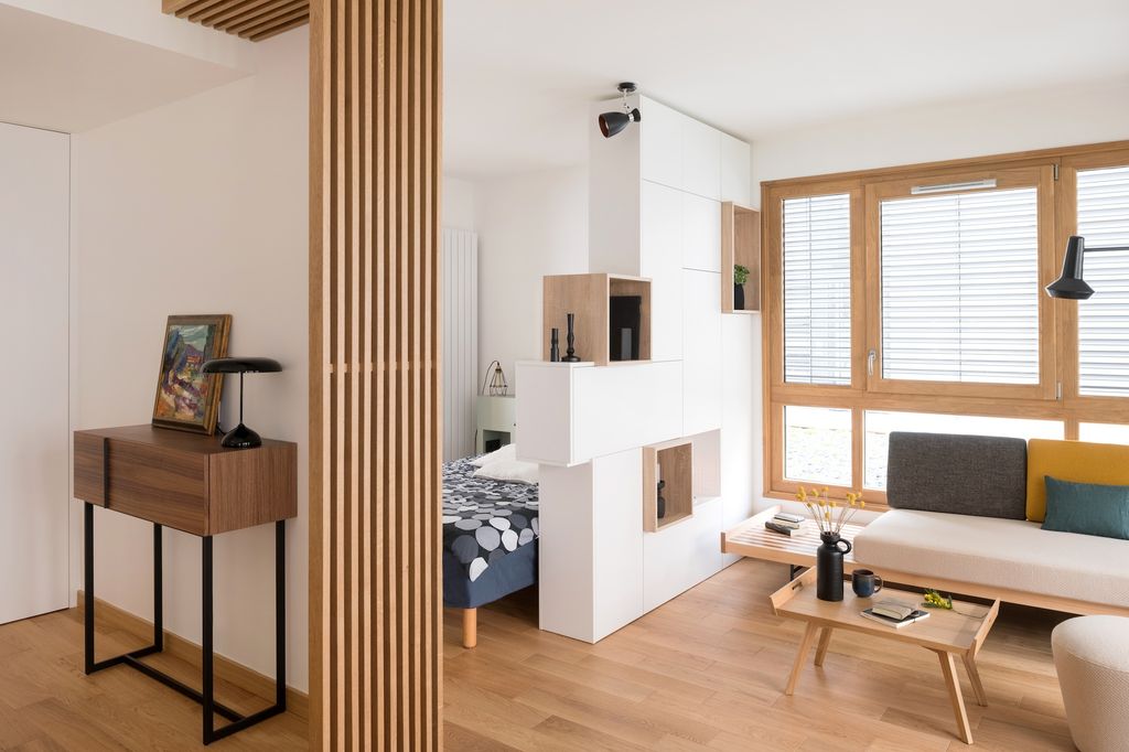 Salón separado del dormitorio por una estantería.  