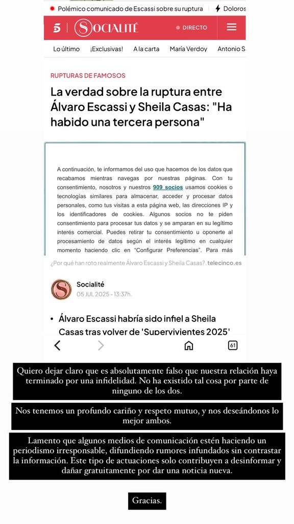 El comunicado de Sheila Casas en sus redes sociales 