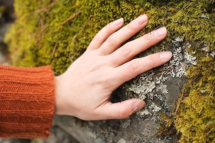mujer con una mano en un árbol con liquen