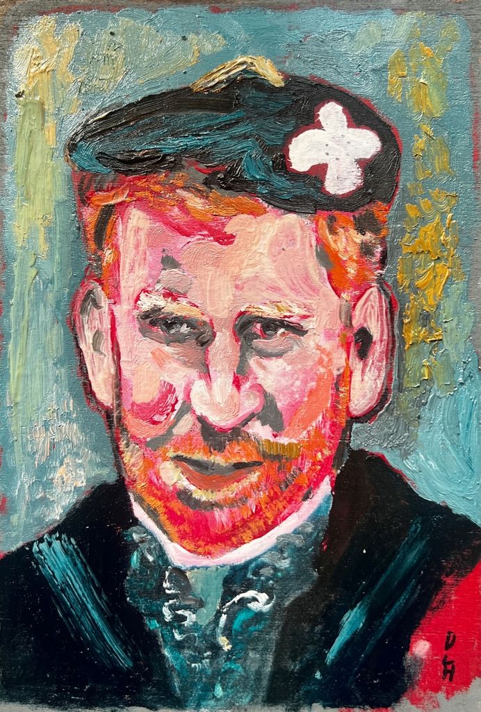 Retrato de Dan Llywelyn Hall para la Sociedad de Anticuarios: el duque de Sussex como Carlos Eduardo Estuardo, conocido como "Bonnie Prince Charlie"
