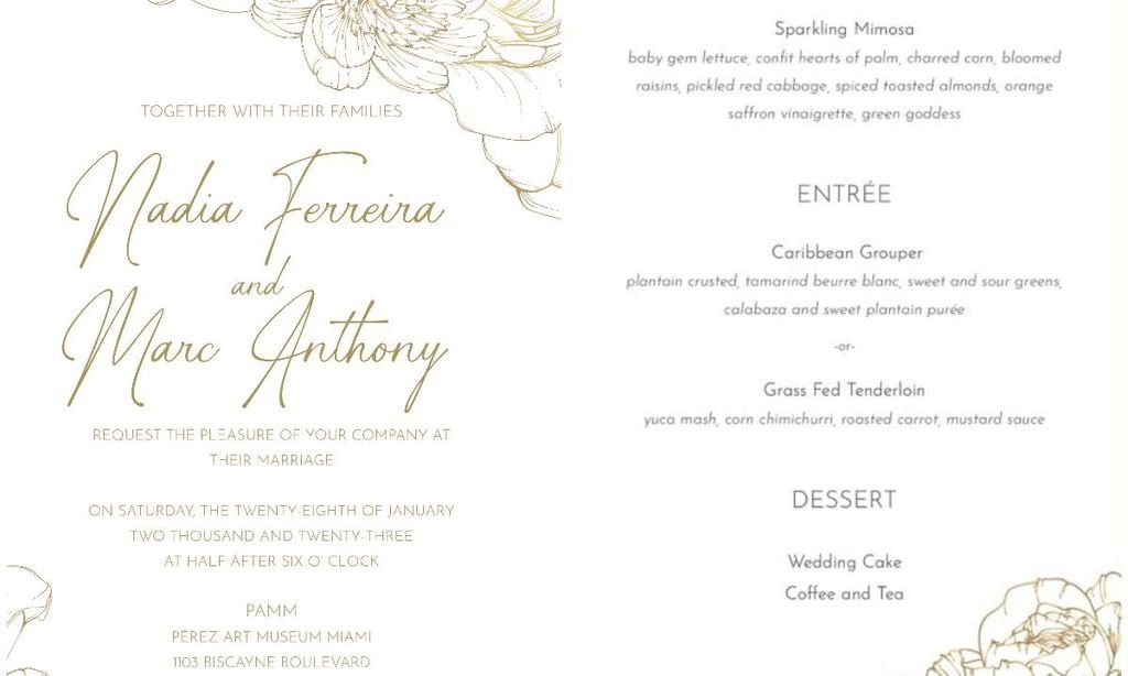 invitaci n y el men de la boda de marc anthony