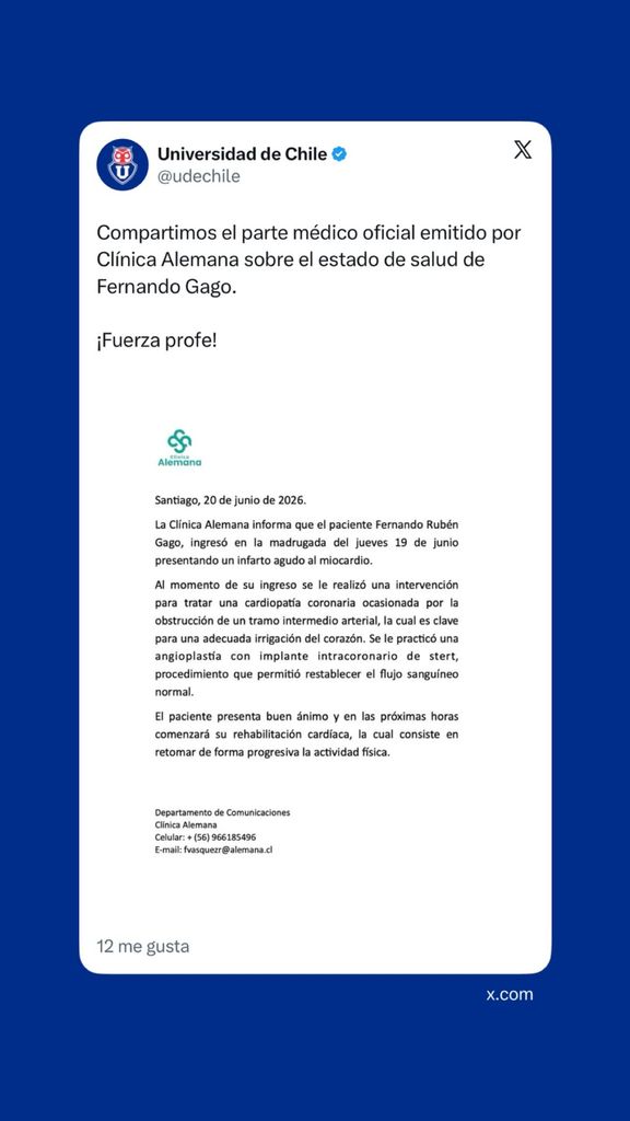 Comunicado del Universidad de Chile sobre el estado de Fernando Gago