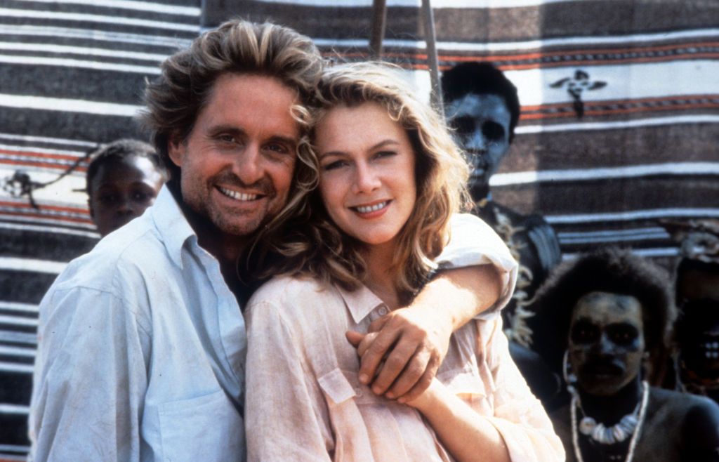 Michael Douglas y Kathleen Turner durante el rodaje de 'La joya del Nilo'