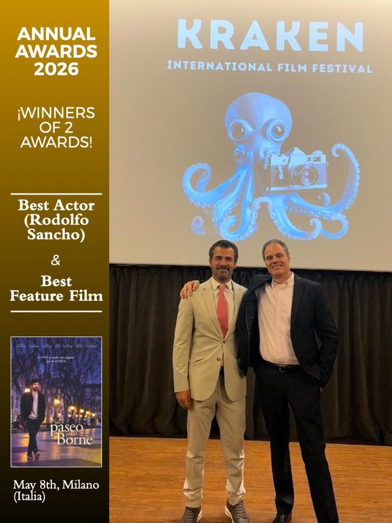 Rodolfo Sancho recibió el Premio al Mejor Actor en el Festival Internacional Kraken 2026, en la foto con el director del filme 