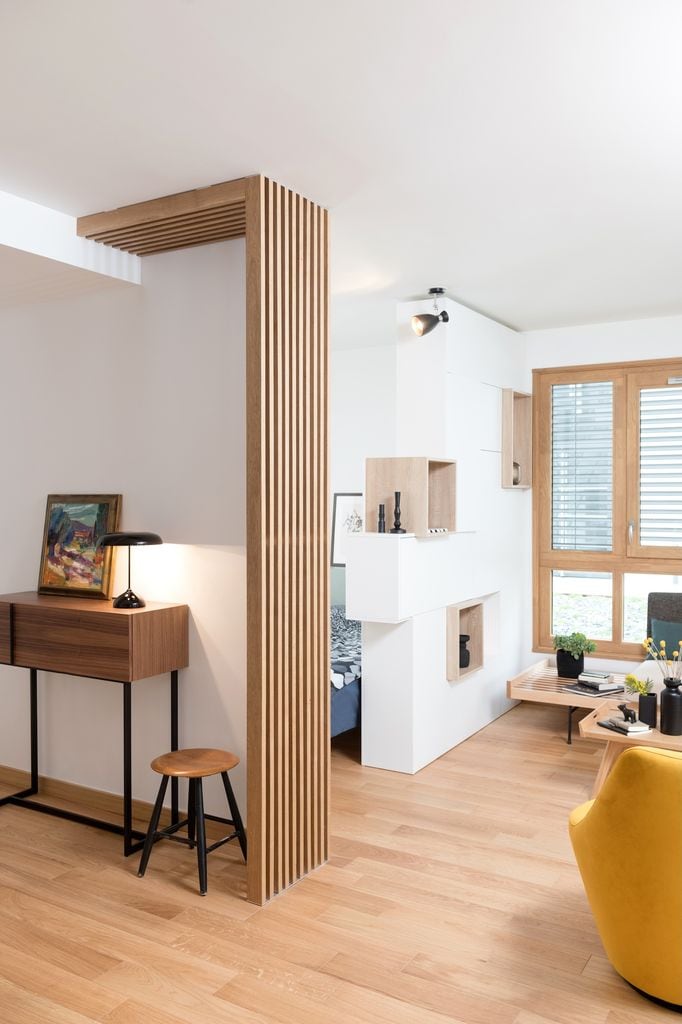 Loft con estantería que separa el salón del dormitorio