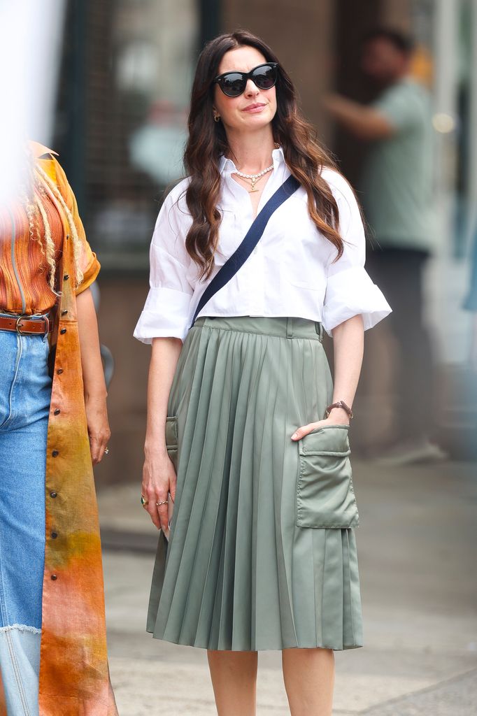 Anne Hathaway is seen on the set of "The Devil Wears Prada 2" in Brooklyn