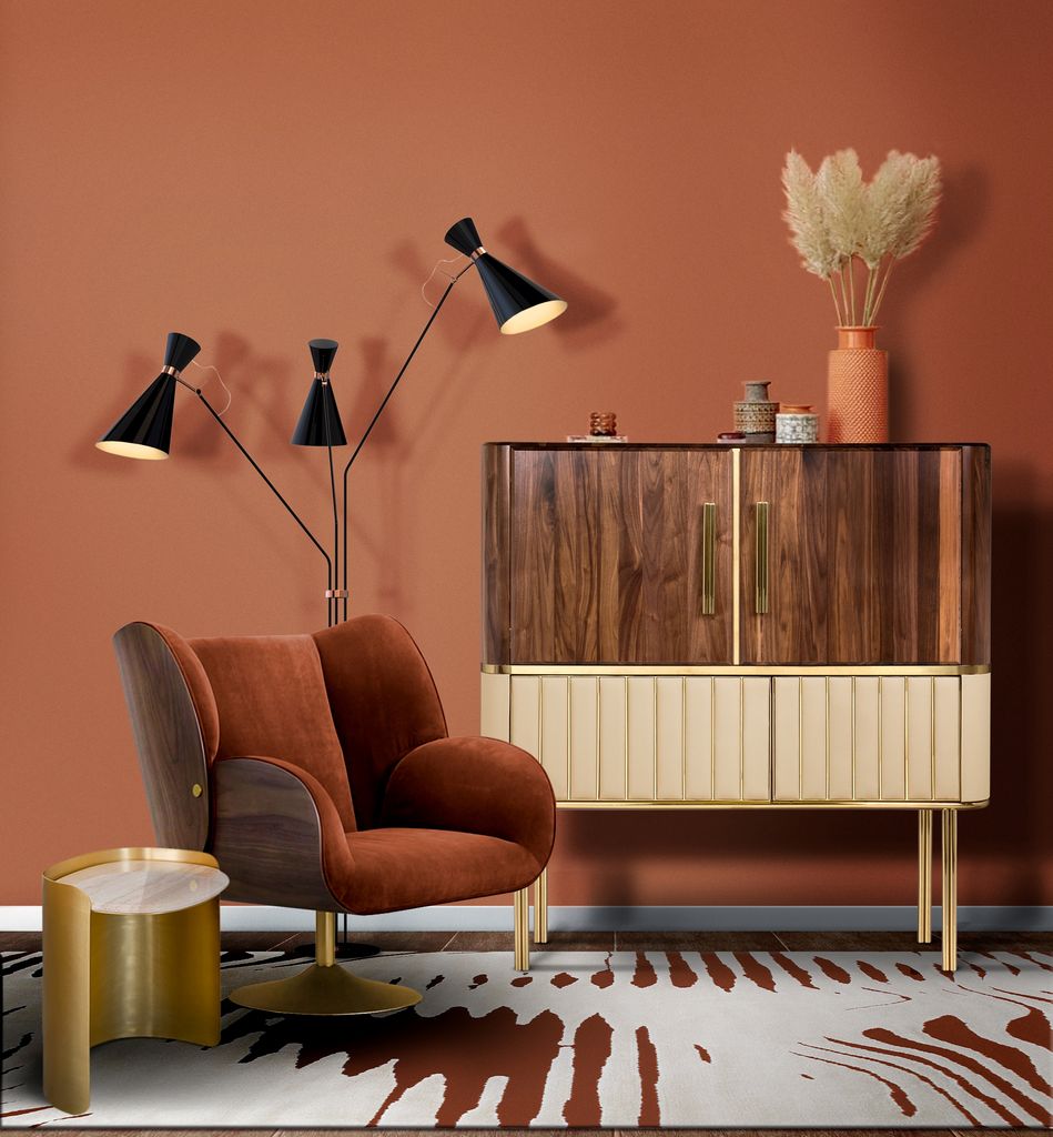 Pared terracota y muebles vintage