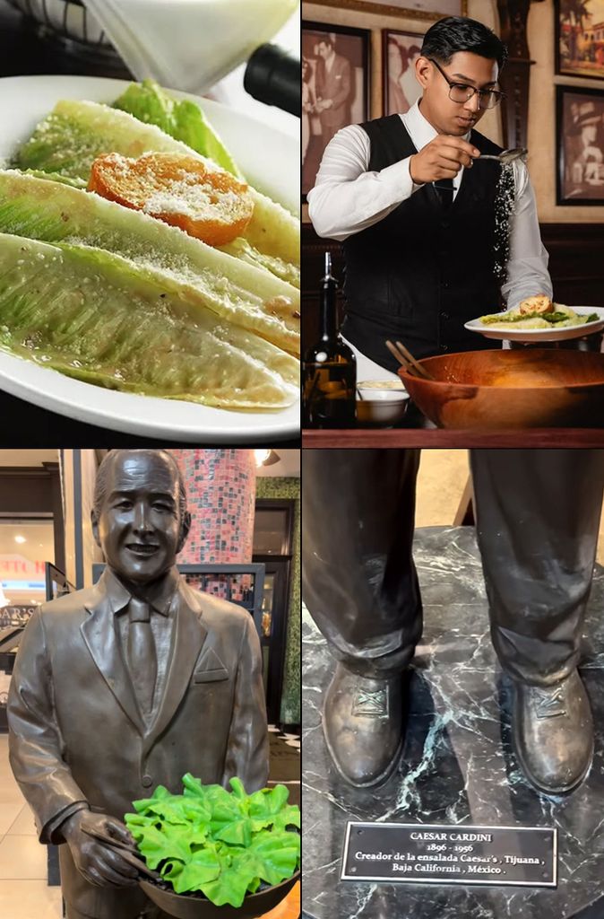 En el restaurante Caesar's de Tijuana siguen montando la ensalada César frente al comensal y en la puerta hay una escultura en hornor al cocinero que la inventó, Cesare Cardini
