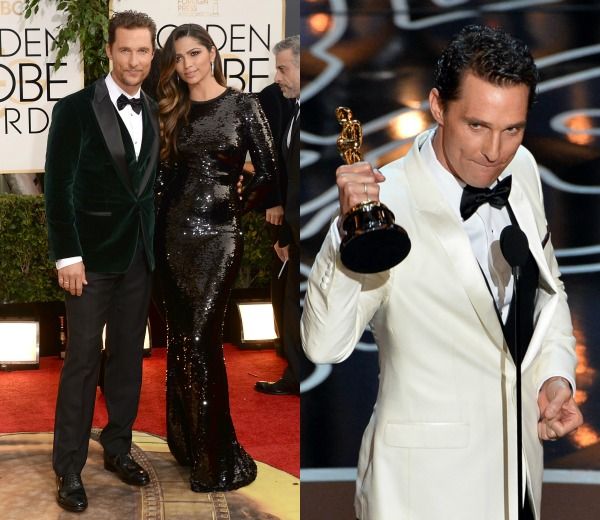 Matthew McConaughey, de blanco en los Oscar, con bolsillo de la pechera ribeteado en negro, a juego con el chaleco y la pajarita. 