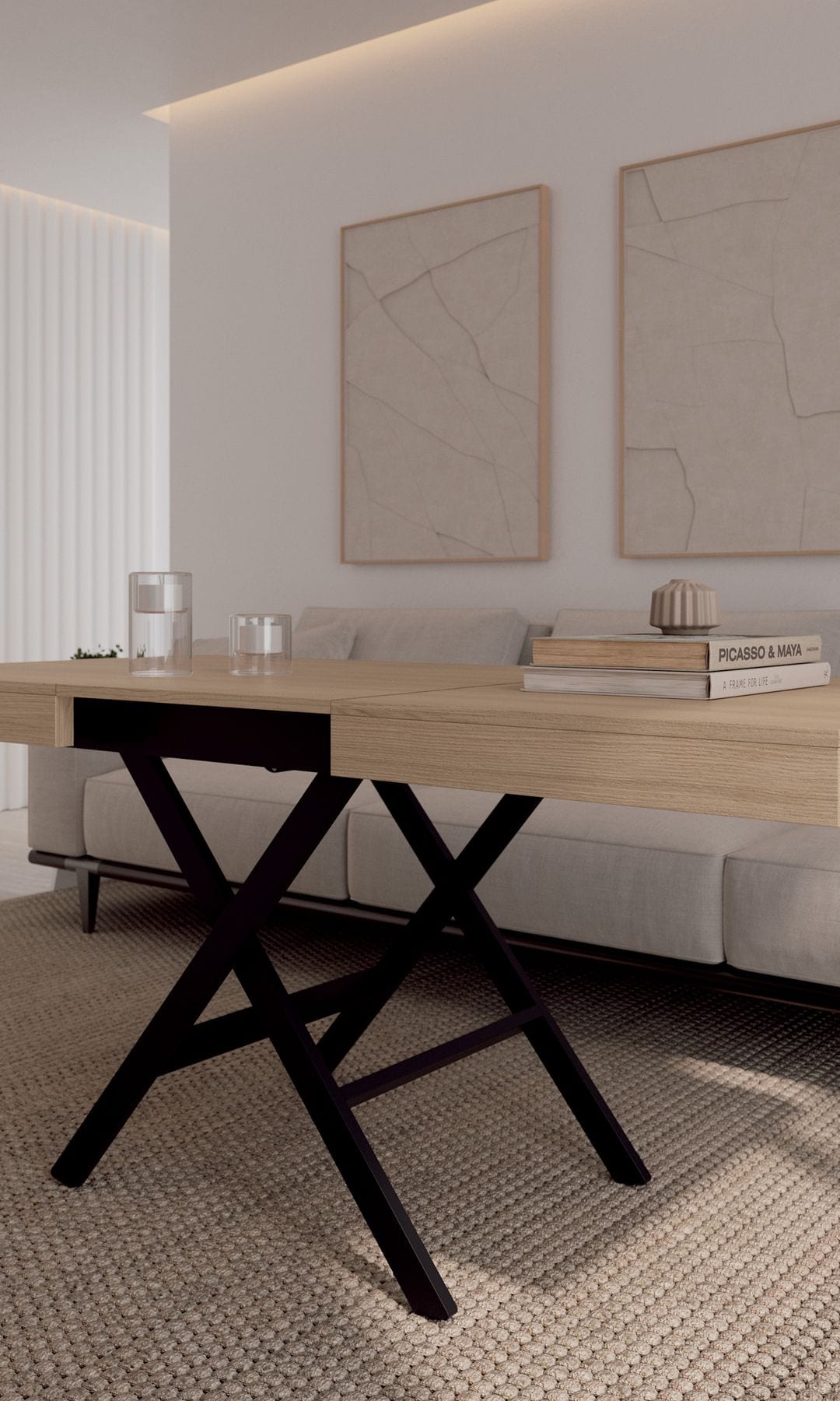 Salón con sofá beige, alfombra y mesa de centro elevable en madera